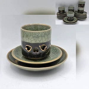 18 Stück Somayaki Soma Ware Seladon Grün Crackle Teetassen Teller Gold Herzen Pferde - Bild 1 von 15