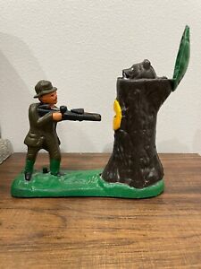 Vintage Cast Iron Mechanical Coin Bank Hunter Shooting Bear In Tree 9.5x7.5”