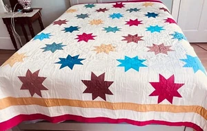 Vintage Mid Century Modern Patchwork Quilt With Appliqué Stars 93” x 87”  ZZ074 - Picture 1 of 9