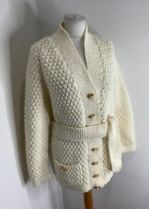 Handmade chunky knit cardigan UK 10 12 VGC belted cream long
