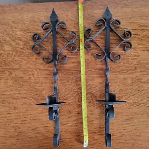 2 VINTAGE BLACK IRON METAL CANDLE HOLDERS WALL HANGING WROUGHT IRON 16" LONG - Picture 1 of 9