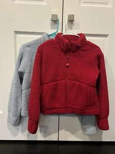 Athleta Girl Zip Up So Toasty Tugga Sherpa Jacket Sz Large 12 Blue & Red - Picture 1 of 8