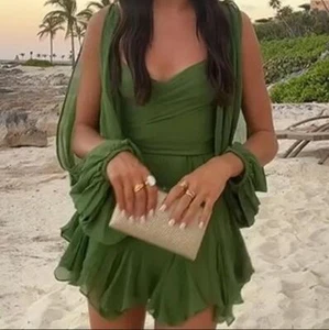 Vestido corto acampanado de gasa con cordones espalda abierta cuello en V de moda para mujer 2024 JWKL - Imagen 1 de 20