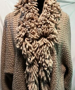Chicos Cardigan Womens Large Wool Beige Fluffy Collar Long Sleeves Boho Mobwife - Picture 1 of 9