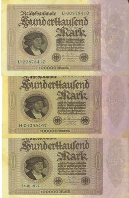 Germany 1923 100000 Mark P-83 Lot of 3 Notes High Grade EF+/AU  - Image 1 of 2