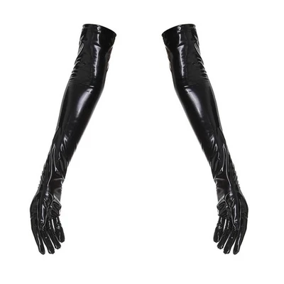 SALES Black Wet Look Faux Leather Elbow Length Gloves Size S/M - Image 1 of 3