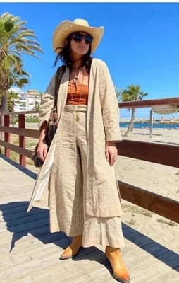 ZARA LONG EMBROIDERED OPEN KIMONO BEIGE and trouser NEW SS24M_L REF. 2876/678 - Image 1 of 4