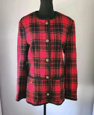 Worthington Women's Red Black Plaid Tartan Blazer Button-up Wool Blend Size 6T - Image 1 of 4