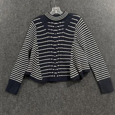 Club Monaco 毛衣女式中号海军蓝白色美利奴羊毛模拟领条纹电缆 — 第 1/4 张图片