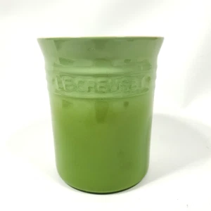 Retired Le Creuset Utensil Holder Stoneware Crock Kiwi Green & cream pink, 6" H - Picture 1 of 5