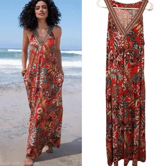 Soft Surroundings Womens Onani Red Tropical Floral Sleeveless Maxi Dress Size 2X - Image 1 of 4