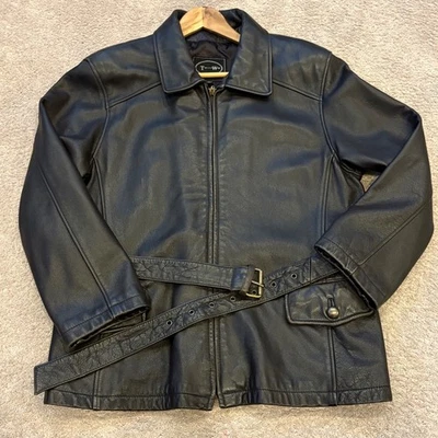 VTG 90s Tannery West Leather Black Brown Belt Collar Zip Jacket Coat Women  XL - Image 1 of 4