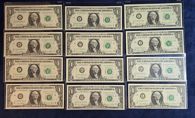 1969 D $1 FRN Green Seal 12 Gem Notes COMPLETE District Set S/N #'s end xxxxxx93 - Image 1 of 4