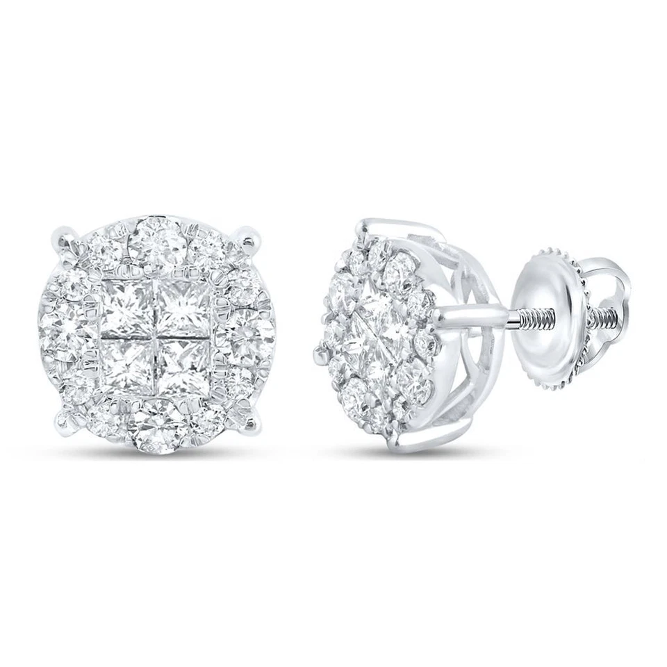 14K White Gold Genuine Princess Diamond Unisex Cluster Round Stud Earrings 1 CT - Image 1 of 1