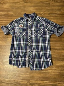 Phat Farm Button Down Shirt Men Medium Blue Plaid 100% Cotton Short Sleeve - Picture 1 of 6