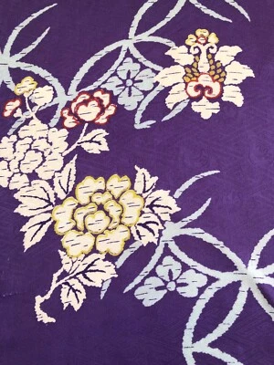 Vintage Kimono Fabric , Purple Floral & Kouji-Thunagi, 34x146cm - Free Shipping - Image 1 of 4