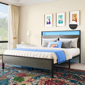 HOMIFLEX Queen Size Bed Frame LED Platform Metal Slats Support with 2 USB Ports - Picture 1 of 5