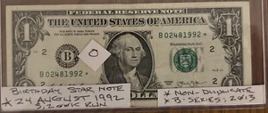 RARE BIRTHDAY ODOMETER $1 STAR NOTE - 24 AUGUST 1992 -B 2013 SERIES - NON-DUP - Picture 1 of 2