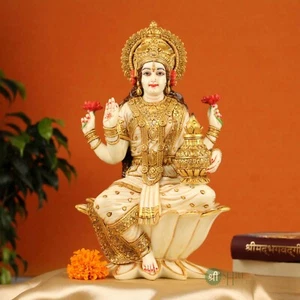 Estatua Lakshmi pintada a mano mármol cultivado diosa estatua Laxmi 12 pulgadas - Imagen 1 de 12
