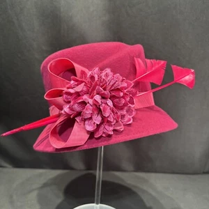 Plaza Suite New York Hat Fuchia Pink Feathers Flower Church Derby Bucket Vintage - Picture 1 of 12