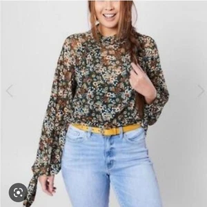 Free People All Dolled Up Floral Green Sheer High Neck Long Sleeve Mesh Blouse S - Picture 1 of 7