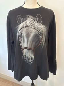 T-shirt à manches longues en coton noir Rock Eagle cheval unisexe western taille L Sing Stitc