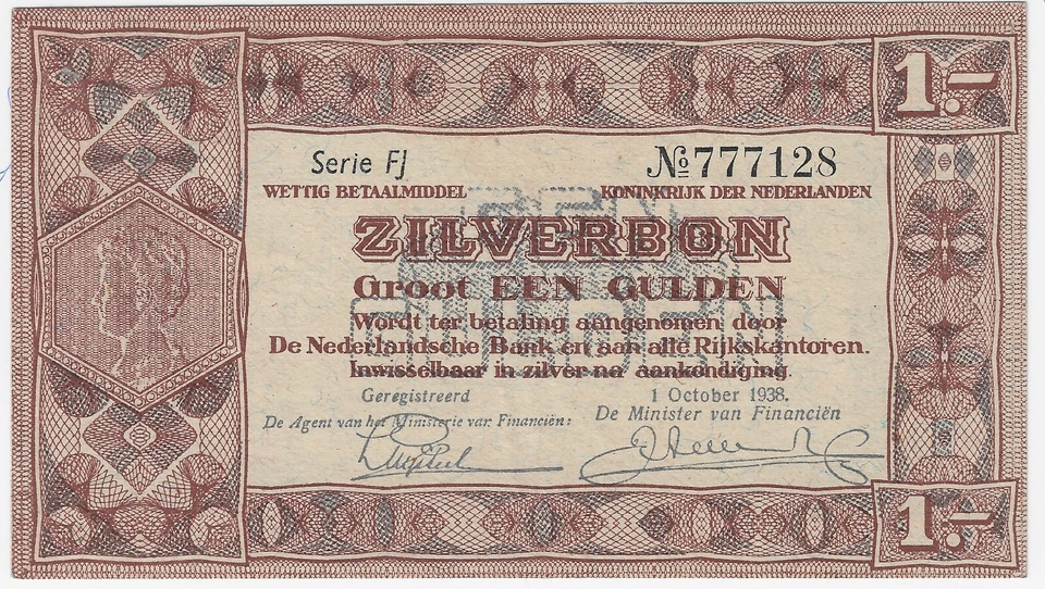 Netherlands Zilverbon 1 Gulden 1938 P-61 XF+ DUTCH Banknote - Image 1 of 2