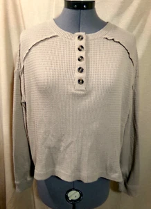 SO Thermal Waffle knit Henley T-shirt Top S Khaki brown Boxy Boho fit Scoop neck - Picture 1 of 6