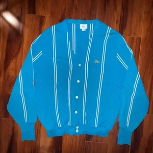 Cárdigan Suéter Vintage Izod Lacoste Azul Blanco Rayas Hecho en EE. UU. Años 80 Preppy XL - Imagen 1 de 10