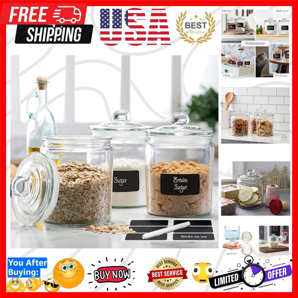 3pc Canister Sets for Kitchen Counter Labels & Marker Glass Cookie Jars With a