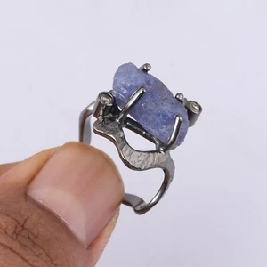 Raw Tanzanite With Diamond Black Oxidized 925 Silver Wave Band Engagement Ring - Picture 1 of 9