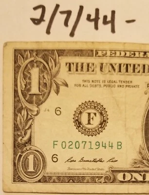 Historic Date WWII Birthday February 7, 1944 Serial Number Dollar U.S. 2013 F B - Image 1 of 4