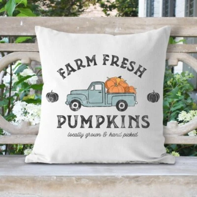 Fall Pillow Cover, Blue Pumpkin Truck, Autumn Decorating, 16x16 Inches - Image 1 of 3