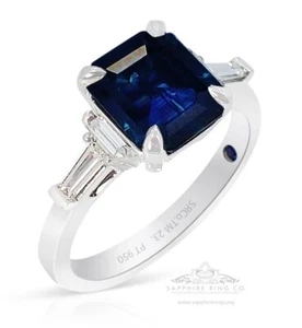 Platinum Sapphire Ring, 3.36 tcw Natural Emerald Cut Sapphire GIA Certified - Picture 1 of 11