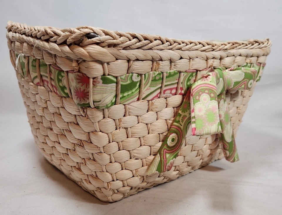 Woven Basket Light w/ Patterned Fabric Lining Home Décor ~12" x 9" x 6" Paisley  - Image 1 of 4