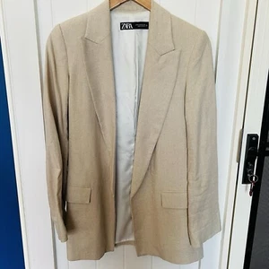 ZARA Linen Blend Beige Lined Shoulder Pads Pockets Jacket Blazer Sz XS Relaxed - Picture 1 of 7