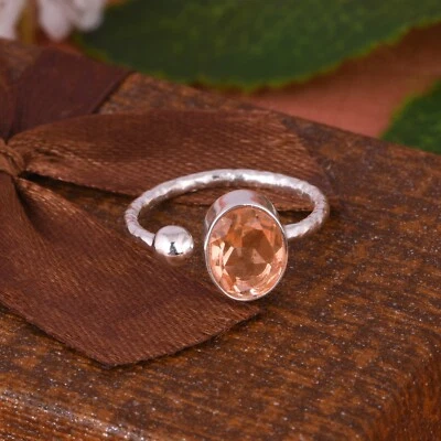 Sterling Silver Morganite Gemstone Ring - Open Adjustable Band - Wedding Band - Image 1 of 4