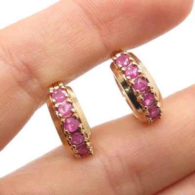 ROSS SIMONS 925 Sterling Silver Gold Plated Real Pink Sapphire Hoop Earrings - Image 1 of 4