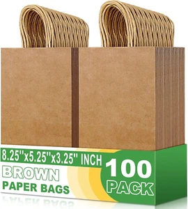 Small Brown Paper Bags with Handle Kraft Gift Bags 100 Pack, 5.25X3.25X8.25 I... - Picture 1 of 1