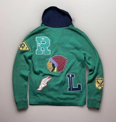 Ralph Lauren Rugby Ala P Indian Varsity Letterman Parche Cárdigan Suéter Pequeño Foto 1 de 4