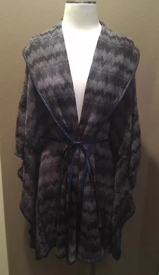 Alberto Makali M Gris Chevron Boho Cárdigan Poncho Abrigo Capa con Borde de Cuero Azul Foto 1 de 4