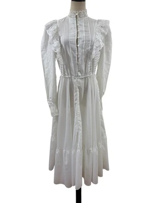 Vtg 70s White Prairie Maxi Dress High Neck Pin tuck Victorian Wedding Boho Lace - Image 1 of 4