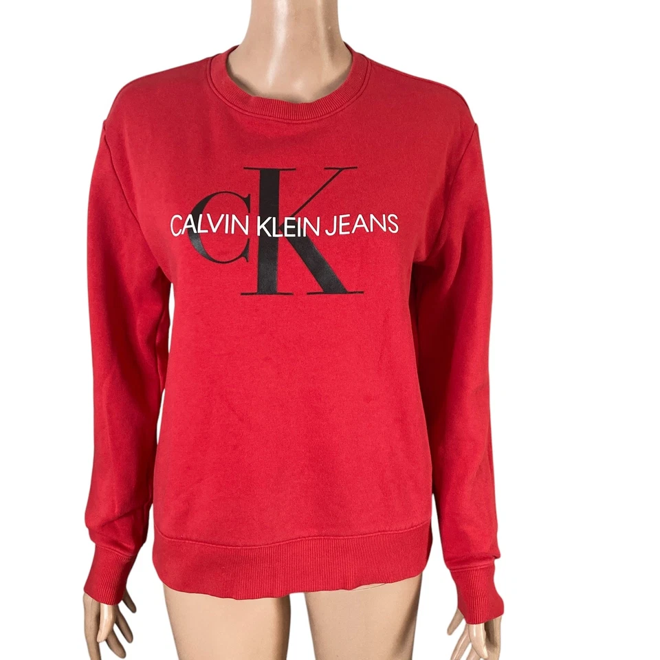 Calvin Klein Sweatshirt Small Chenille Monogram Logo Fleece Pullover Red BLK - Image 1 of 4