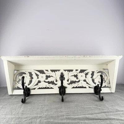 Wood Cut Out Wall Shelf With Hooks Country Cottage Painted White Shabby Chippy - Image 1 of 4