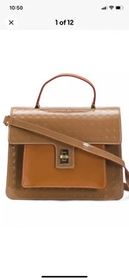 Arcadia Italian Flap Satchel Dark Beige & Tan Patent Embossed  Red Accents  NWT - Image 1 of 4