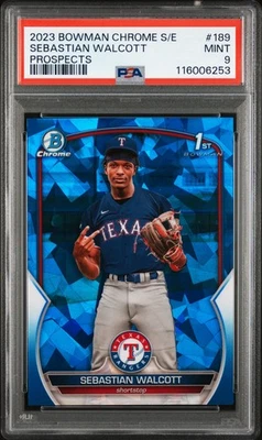 2023 BOWMAN CHROME SAPPHIRE ED PROSPECTS #189 SEBASTIAN WALCOTT PSA 9 - Image 1 of 2