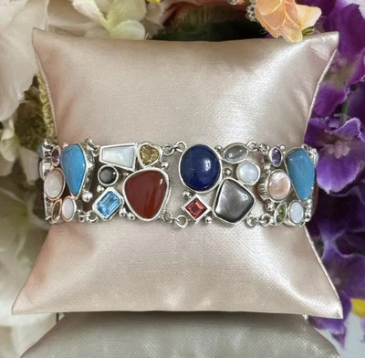 Sterling Silver 925 Multi Gemstone Multi Color Panel Chain Tennis Bracelet 8” - Image 1 of 4