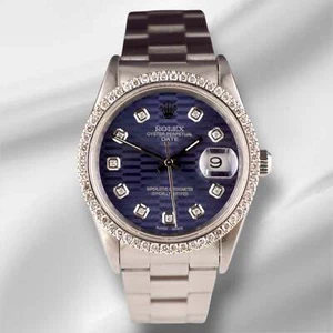 Rolex Date 34mm Ladies 1.5ct Prong Blue Motif Diamond Dial Steel Watch 15000 - Picture 1 of 11
