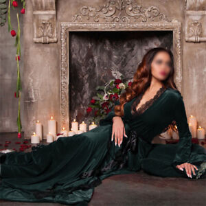 Sexy Luxury Lingerie Women Velvet Robe+belt Winter Warm V-neck Lace Nightdress