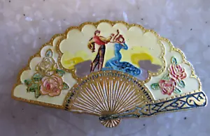 Charming Antique Fan Pin Brooch w/ Roses, Spanish Flamenco Dancers / C Clasp - Picture 1 of 6